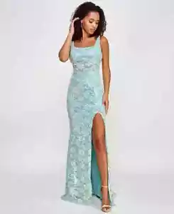 City Studio Embellished Lace Square-Neck Gown Juniors 13/14 Seafoam Sleeveless - Picture 1 of 13