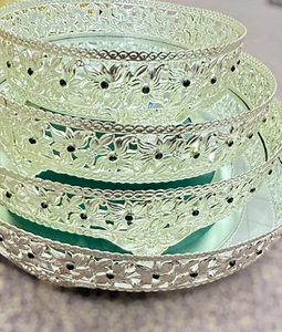 4pc Round Mirror Glass Decorative Vintage Silver Metal Plate Drinks Display Tray - Picture 1 of 6