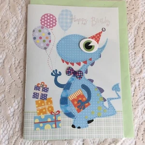 Happy Birthday Card Blue Dinosaur Green Eye Gifts Balloons Bow  - Picture 1 of 2
