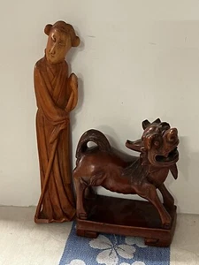antique Chinese Oriental carved rose wood foo dog Asian Woman Statue Asian  - Picture 1 of 9