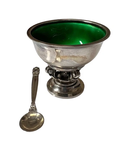 Georg Jensen Sterling Silver Salt Cellar with green Enamel #741-  Acorn / Konge Cover
