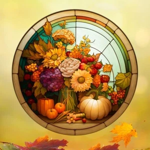 Fall Flowers & Pumpkins Faux Stained-Glass WINDOW CLING Size 8" Round - Picture 1 of 1
