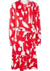 Viskose Kleid Gr. 54 Tiefrot Weiß Bedruckt Damen Knielanger Casual-Dress Neu* - Bild 1 von 1