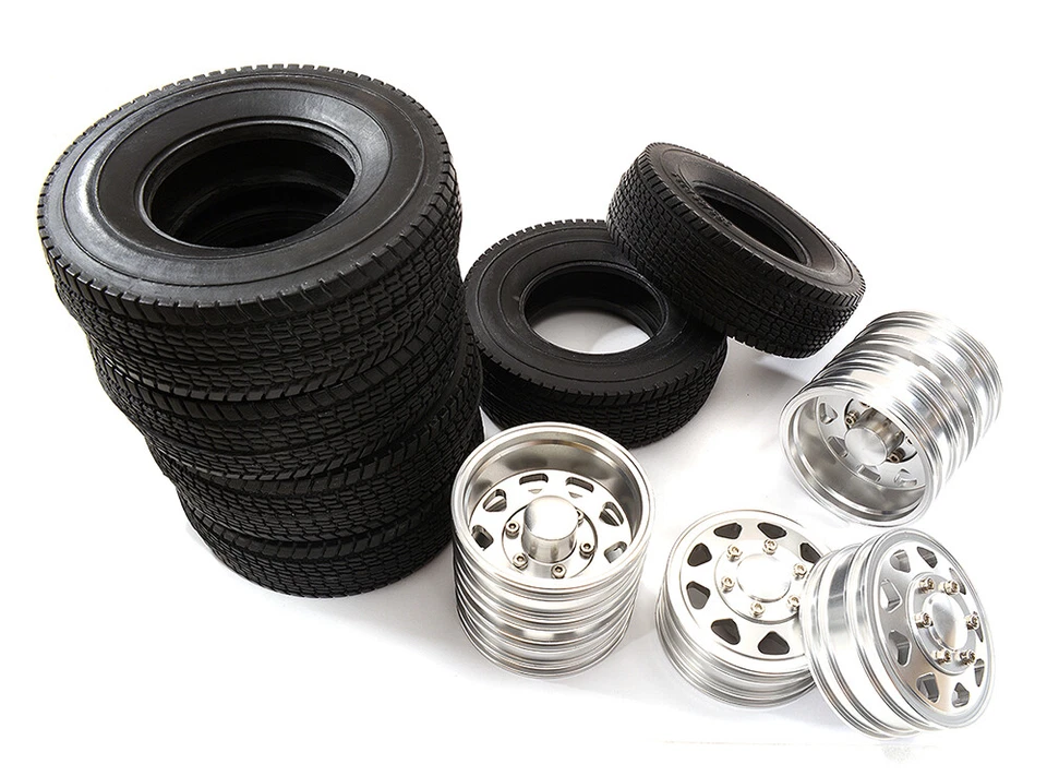 Front & Rear Alloy Wheel + Tire (4) Set for Tamiya 1/14 1838 1850 Truck - Image 1 of 1