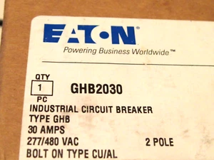GHB2030, EATON.  2 POLE 30A 480/277V Breaker.  FREE AND FAST SHIP NEW IN BOX - Picture 1 of 2