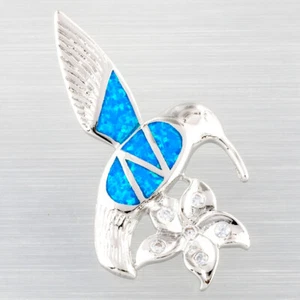 Hummingbird Flower Ocean Blue Fire Opal Silver Jewelry Necklace Pendant - Picture 1 of 6