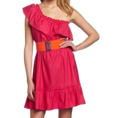 Vestido Max And Cleo Mujer M Rosa Un Hombro Cinturón Volantes Divertido Coqueto Colorido Foto 1 de 4