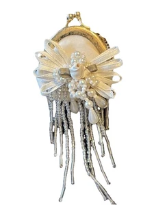 Handtasche Geldbörse Clutch Brosche Anstecknadel 4-5" mit Kette Vintage Perlen Rose cremeweiß - Bild 1 von 11