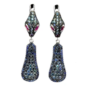 925 Sterling Silver Earrings Blue Sapphire Round Diamond Cut Gemstone Cobra - Picture 1 of 13