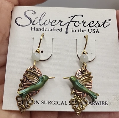 SILVER FOREST 18K on Surgical Steel Earwire Green Hummingbird Earrings USA Made - Image 1 of 4
