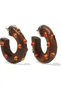 Oscar de la Renta Silver-Tone Wood & Orange Crystal Hoop Earrings - N18-5 - Picture 1 of 5