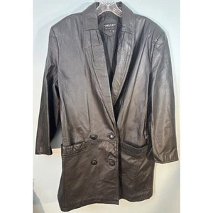 Vintage Pelle NY Black Genuine Leather Long Trench Coat Duster Women's Size Med - Picture 1 of 8