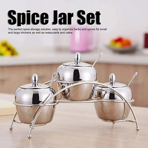 Spice Jars Set Stainless Steel Condiment Seasoning Containers Set with Spoon Lid - Picture 1 of 9