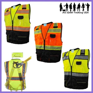 L&M Hi Vis Vest Surveyor Safety Vest Class 2 D-Ring Harness Photo ID Pocket - Picture 1 of 13