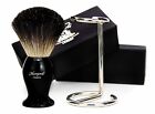 Men Shaving Set 2pc Pure Black Badger Hair Shaving Brush with Brush Holder Stand
