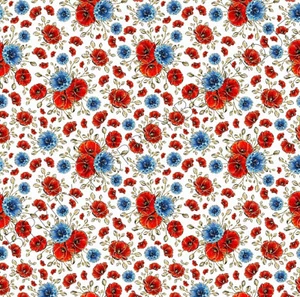 HERMOSA HOJA DE TELA ""AMAPOLAS ROJAS Y AZULES"" CON IMPRESIÓN DE LONA FLORAL.. ARCOS PARA EL CABELLO - Imagen 1 de 8