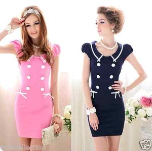 1960's Classic Air Hostess Style Hot Pink or Navy Dress w/ White Buttons SR-0023 - Picture 1 of 13