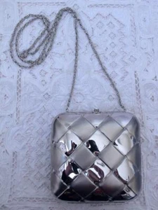 Vintage Metal Evening Bag Purse Silver Woven Effect Long Chain Handle Rhinestone - Picture 1 of 14
