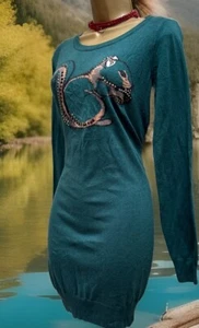 VTG Top Shop Teal Green Soft Jumper Dress Sparkly Squirrel Knit UK 8 Viscose - Picture 1 of 20