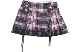 Gothic Lolita Pink & Black Plaid Pleated Mini Skirt Lace Trim Ribbon Detail Punk - Picture 1 of 8