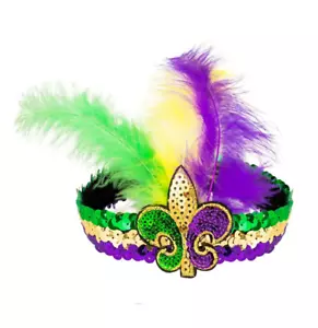Diadema elástica con lentejuelas y plumas Mardi Gras Fleur De Lis para mujer - Imagen 1 de 3