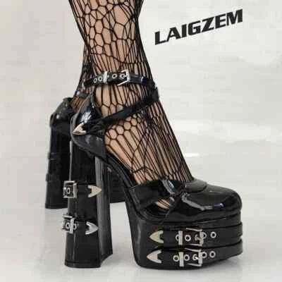 Women Platform Pumps Buckles Chunky High Heels Sandals Round Toe Punk Shoes - Photo 1/4