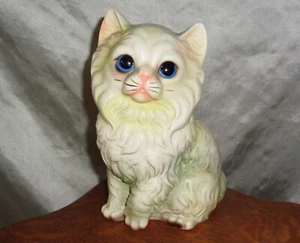 Persian Kitten Cat Porcelain Ceramic Figure Made in Japan 7 1/2 inch White Green - Picture 1 of 3