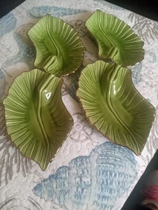 Retro Ceramic Tray Dishes Light Green Gold Trim Leaf Vintage Set of 4 - Picture 1 of 15