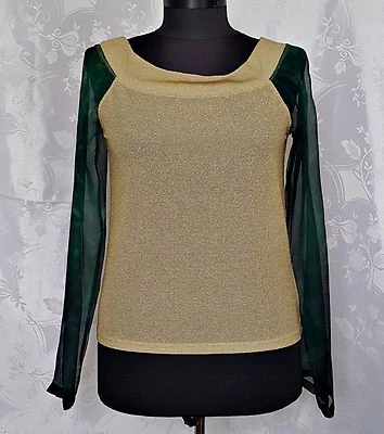AUTHENTIC SAVE THE QUEEN SOLID MESH BEIGE GREEN SILK WOMEN'S TOP BLOUSE-SIZE:M - Image 1 of 4