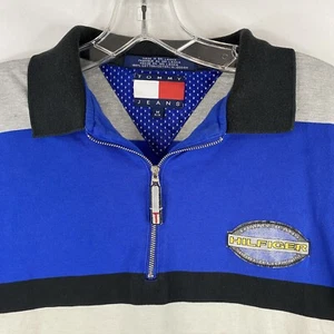 Vintage Tommy Hilfiger Jeans Polo Shirt Mens Medium Blue Gray Logo Rugby Y2K 90s - Picture 1 of 11