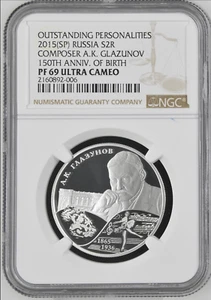 2013 RUSSIA 2 Roubles COMPOSER A.K. GLAZUNOV 150TH Silver Proof NGC PF 69 UC - Picture 1 of 2
