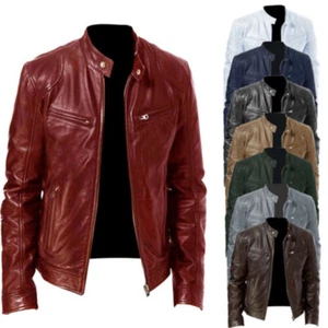 Men Leather Biker Jacket Motorcycle Coat Cardigan Casual Vintage Overcoat Slim - Picture 1 of 16