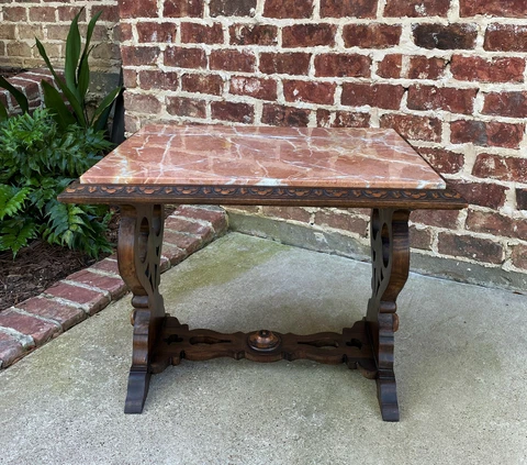 Antique French Coffee Table Bench Settee Marble Top Oak Renaissance Revival Cover