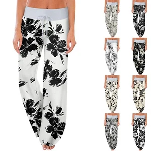 Women's Loose Wide Leg High Waist Yoga Floral Palazzo Pants Casual Trousers - Picture 1 of 40