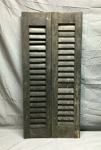 Pair Vintage Antique House Window Wood Louvered Shutters Black 8x37 Old 601-22B Cover