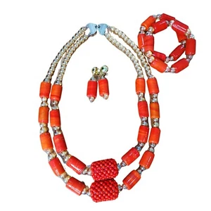 Coral Bead Necklace Set with Sterling Silver Clasp, African Wedding Jewelry Set. - Picture 1 of 3