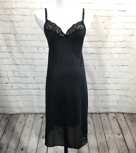 Vintage schwarz Spitze Full Slip Gr. 32 Antron III Nylon Spitzen Cups gewellte Träger - Bild 1 von 9