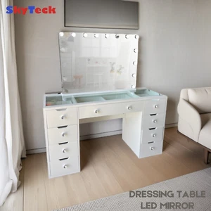 WHITE GLASS TOP MAKE-UP DRESSER TABLE WITH LED MIRROR WITH DRAWER KLDS11-G - Picture 1 of 17