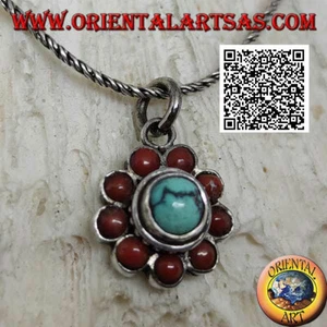Ciondolo in argento 925‰ fiore con turchese tibetano antico e coralli tondi - Foto 1 di 2