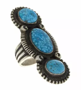 9.5 - Natural Kingman Turquoise 3-Stone Ring By Navajo Artist Calvin Martinez - Picture 1 of 5