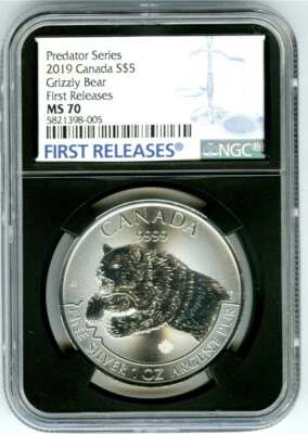 2019 $5 CANADA 1 OZ SILVER GRIZZLY BEAR NGC MS70 RARE FIRST RELEASES - Image 1 of 2