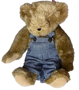 The Vermont Teddy Bear Co. Jointed Brown Bear Striped Overalls Plush 16" - Picture 1 of 5
