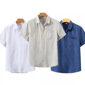 Men's Pure Linen Shirt Short-sleeved Summer Retro Casual Cotton Shirt Comfy - Picture 1 of 19