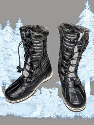 TOTES ADVENTURE GEAR Liz Faux FUR LINED Black Gray Snow Rain Boots Women's Sz 6 - Image 1 of 4