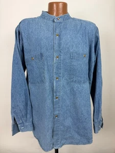Vintage 90s Denim Band Collar Shirt Men M Oversized Minimal Workwear Heavy Blue - Picture 1 of 15