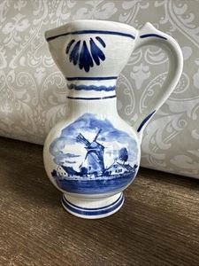 VTG Delfts Blue Holland Pitcher Vase Hand Painted Blue & White Pottery 7" Tall - Picture 1 of 10