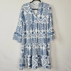 Smock Dress, Long Sleeves, Relaxed Fit, Flowy Beach Wear, Midi, Cornflower, Med - Picture 1 of 12