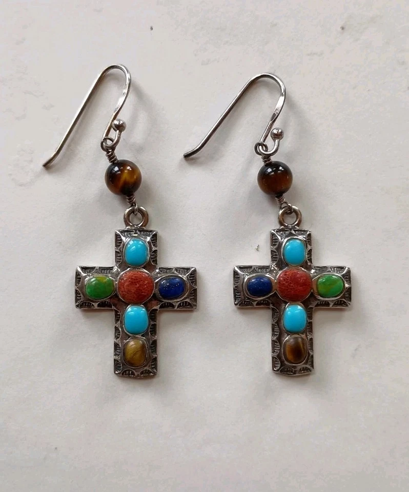 925 Sterling Silver Cross Earrings  Multicolored Gemstones Religious Drops - Image 1 of 4