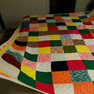 Bright, Knit Afghan Throw Blanket - Multi-Colored Squares 61" x 78" handmade