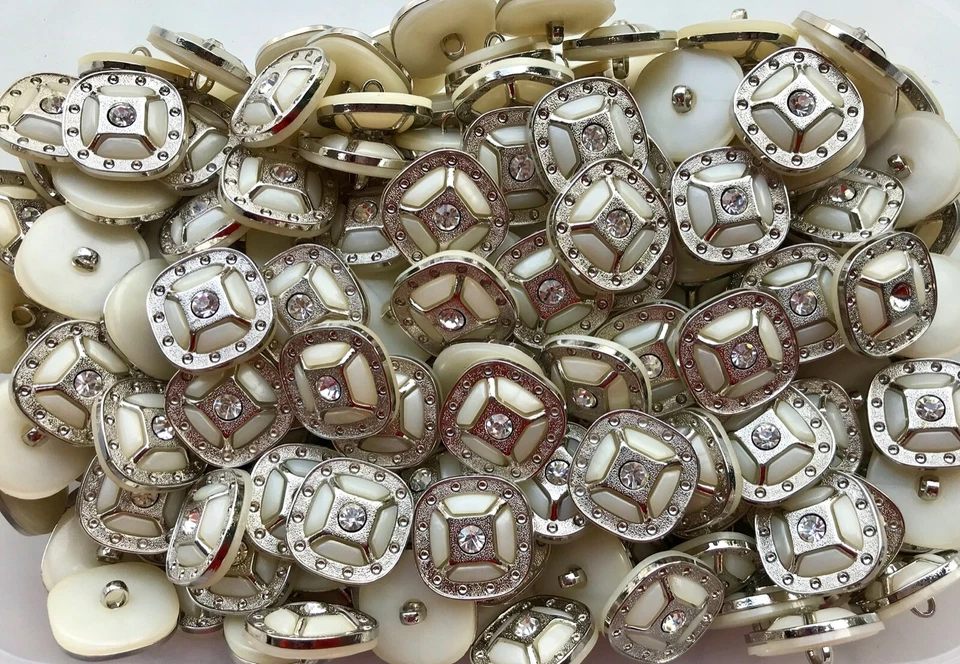 23mm Square 25mm Diag Light Cream & Silver Diamante Shank Button Buttons (Y24) - Image 1 of 1